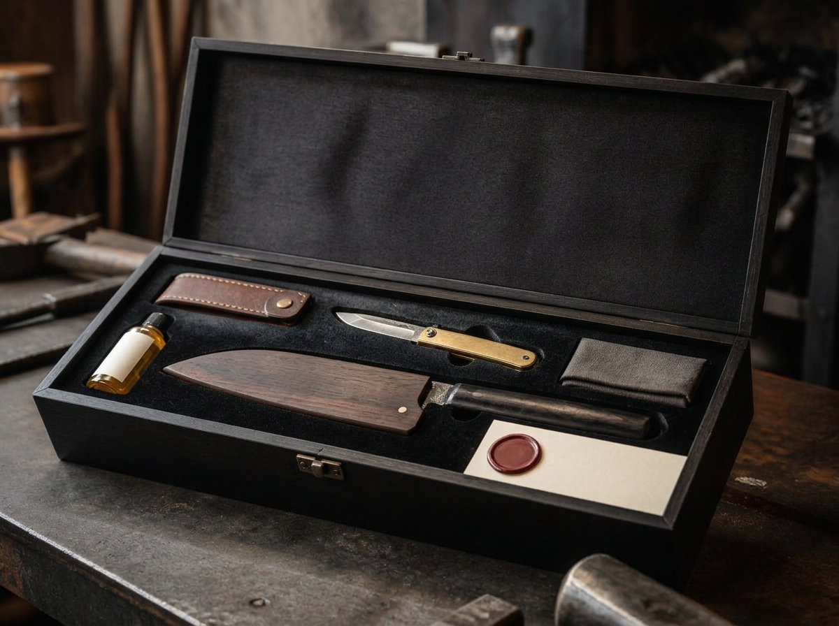 Opened Premium monthly crate on a forge bench holding a hand-forged Damascus chef knife, copper Damascus fillet in a leather sheath, leather strop, blade oil and a wax-sealed dossier card