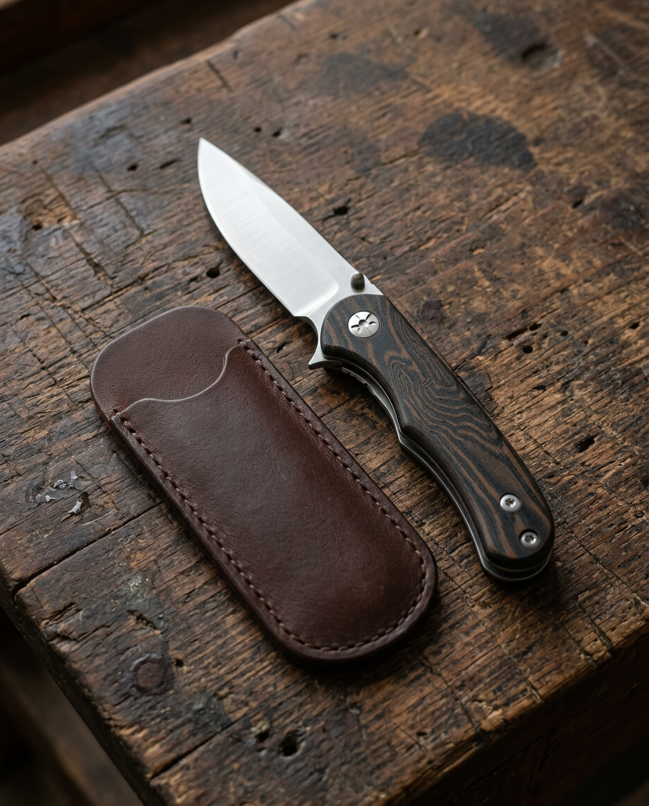 Everyday carry folding knife open on a worn leather work surface beside a brass pen