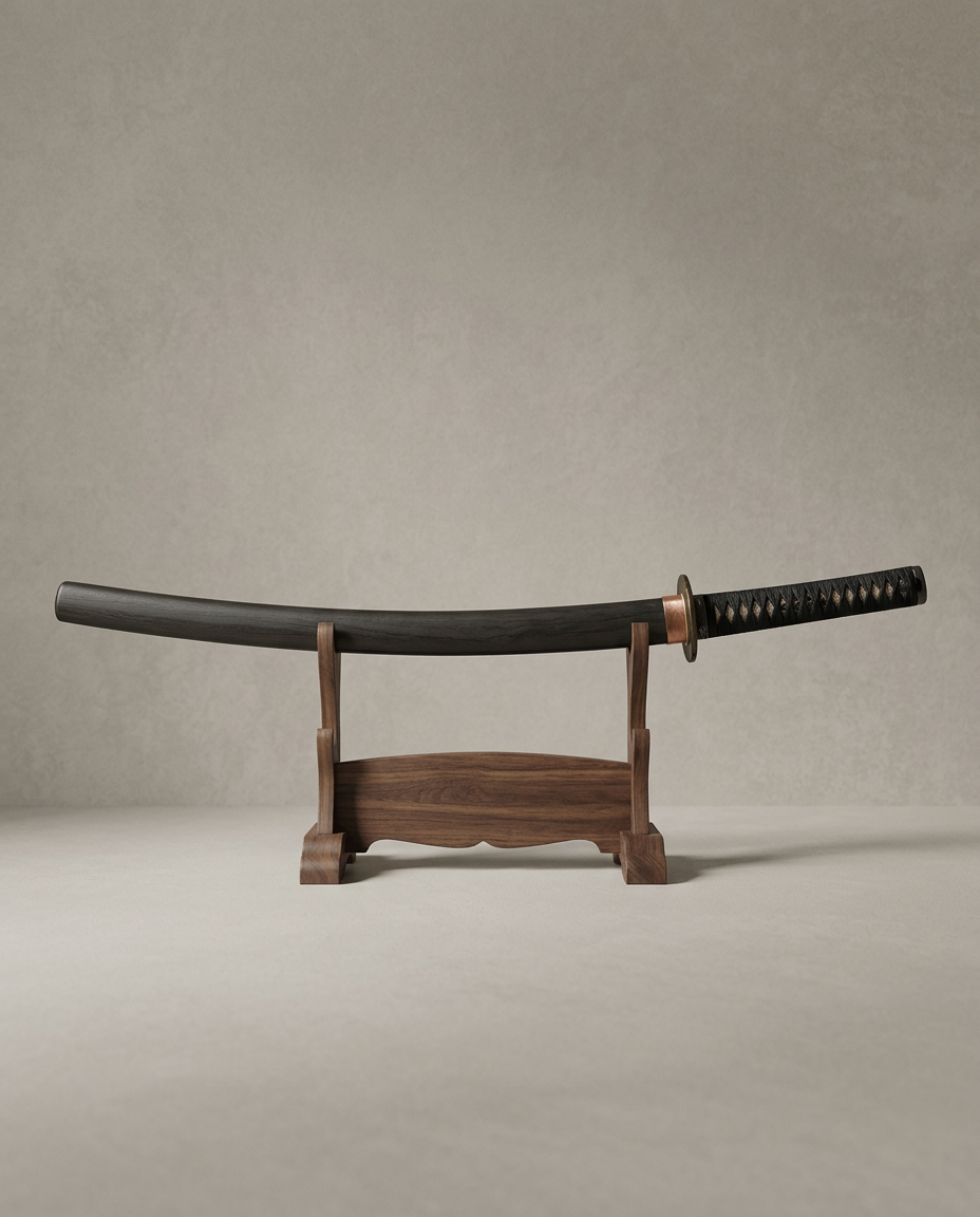 Katana on a dark wooden stand with raking light along the hamon