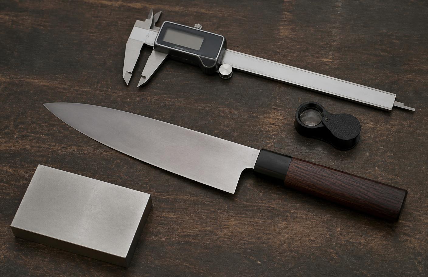 Chef knife being inspected beside a caliper, loupe and test block