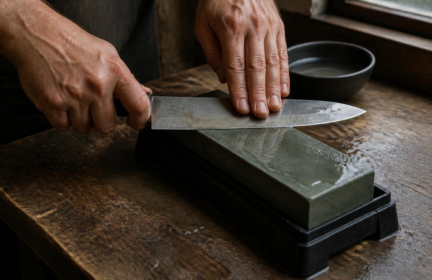 Chef knife held at a steady angle on a wet sharpening stone