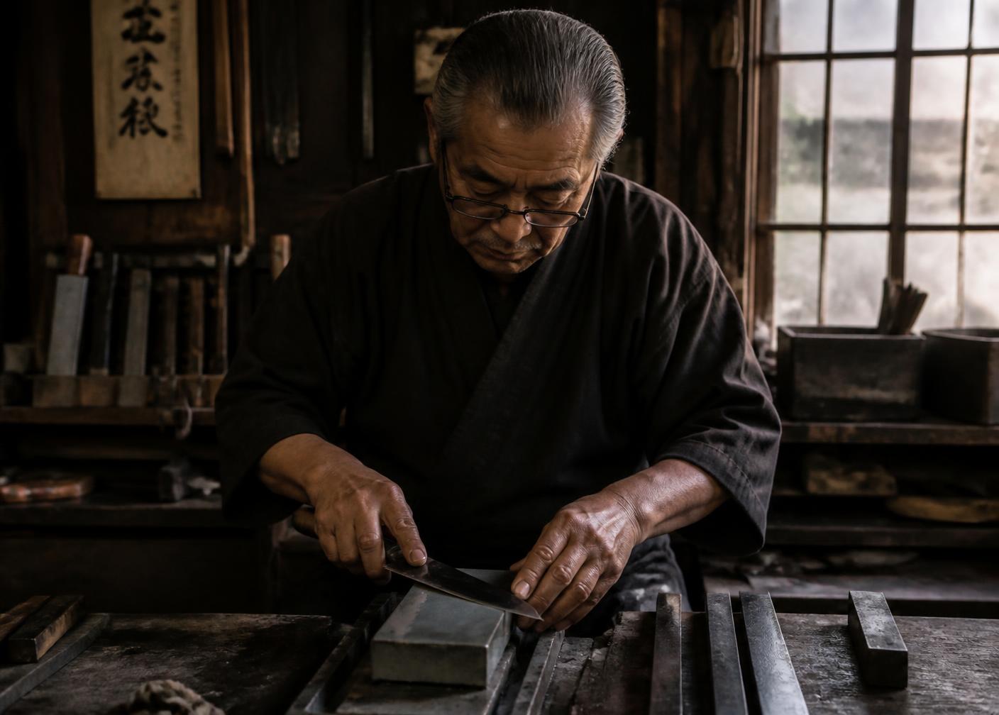 Bladesmith at work in a traditional Japanese workshop