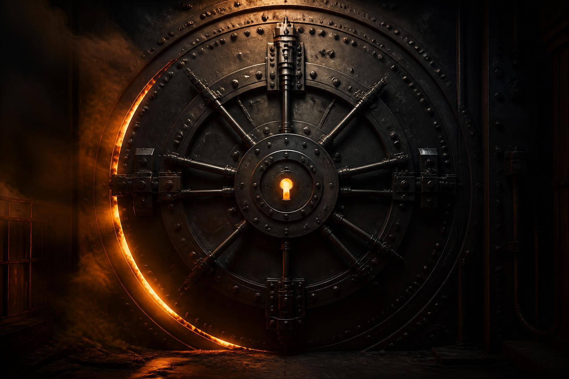 A sealed circular steel vault door with ember light leaking through its seam